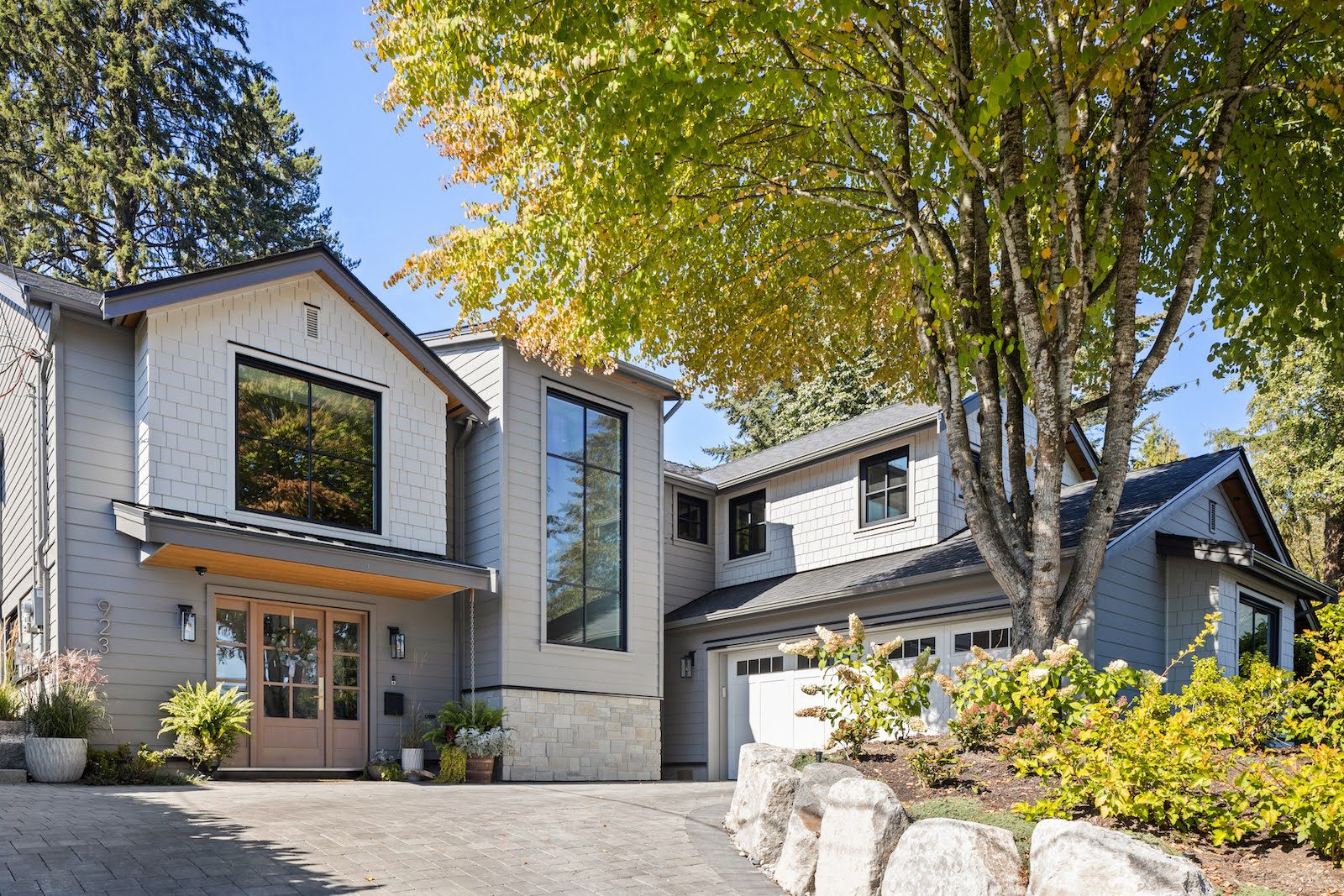 Huntingdon exterior front with katsura tree