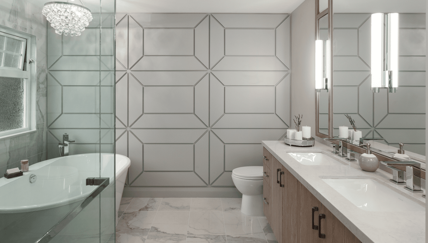 Lomond custom ensuite renovation by Hasler Homes with feature wall and freestanding tub