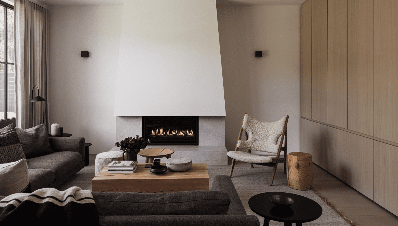 Scandia living room with feature fireplace and custom storage