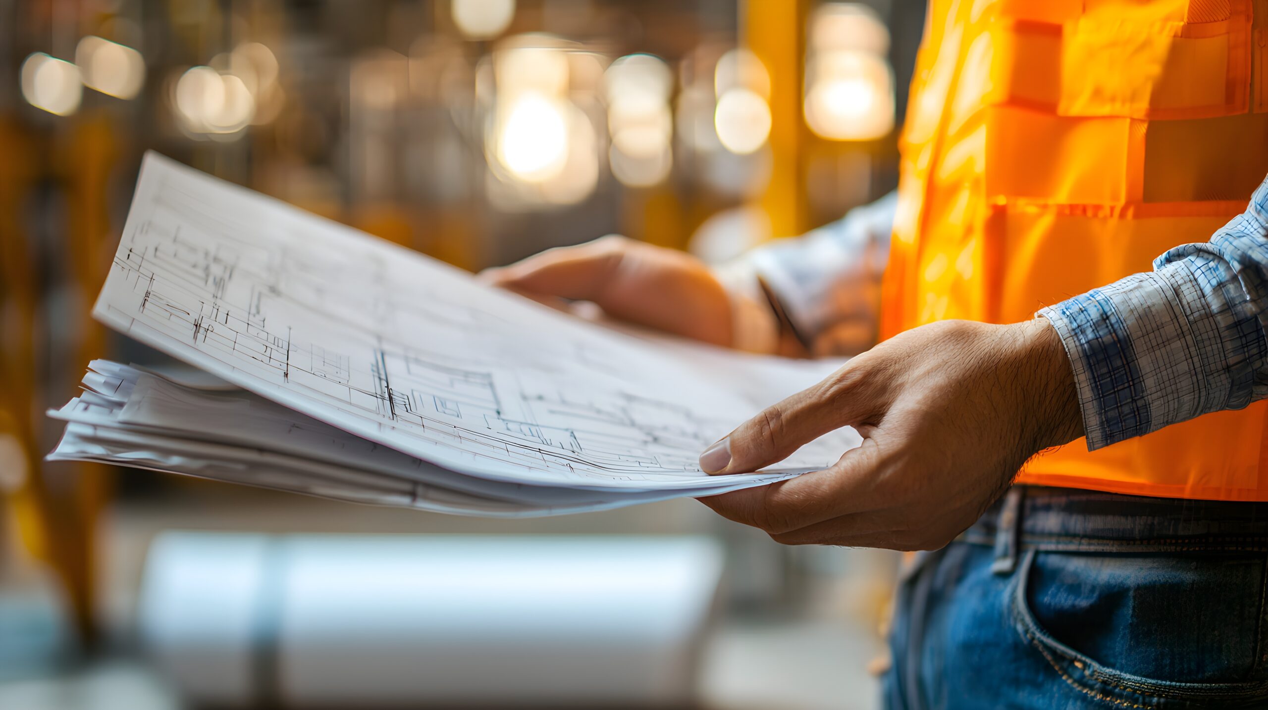 Contractor reviewing as-built drawings (a post-construction term)