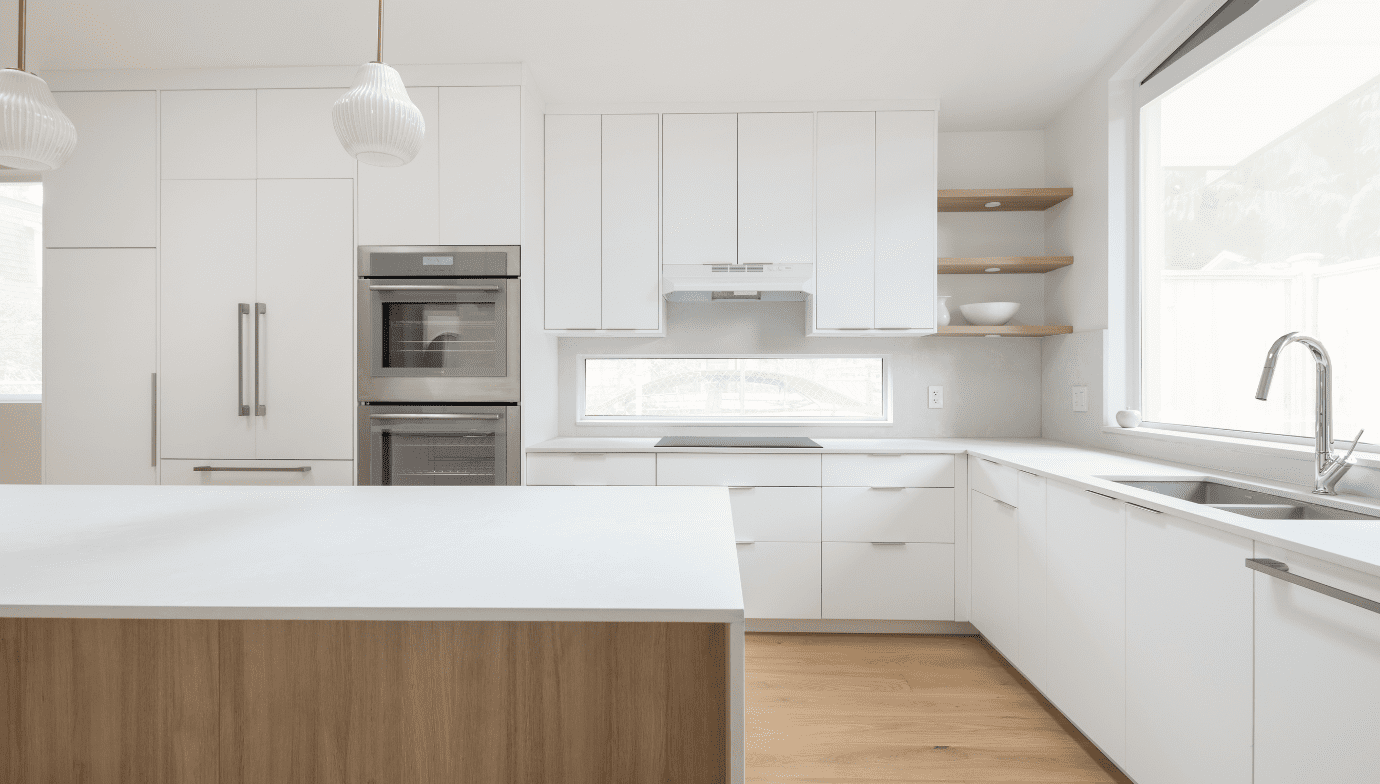 Twenty-Two custom coach house kitchen with cabinets, counters and island