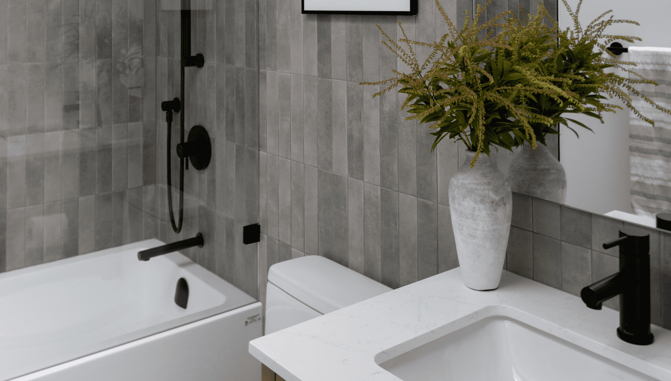 Bathroom sink and shower at Haven house