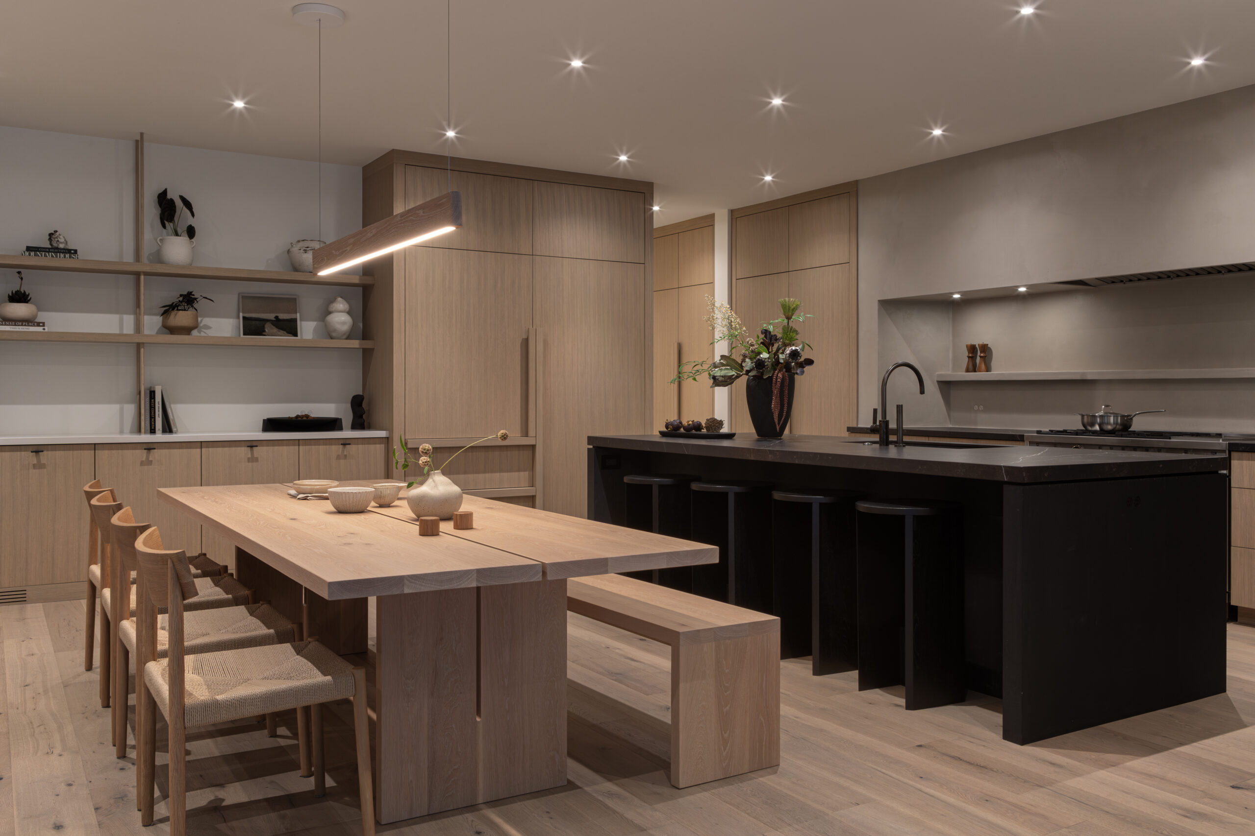 Japandia custom home kitchen with smart lighting features