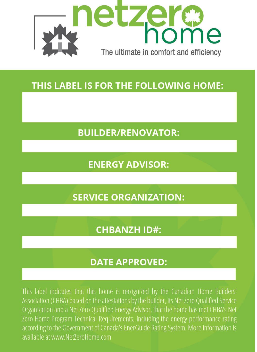 CHBA-qualified Net Zero home label