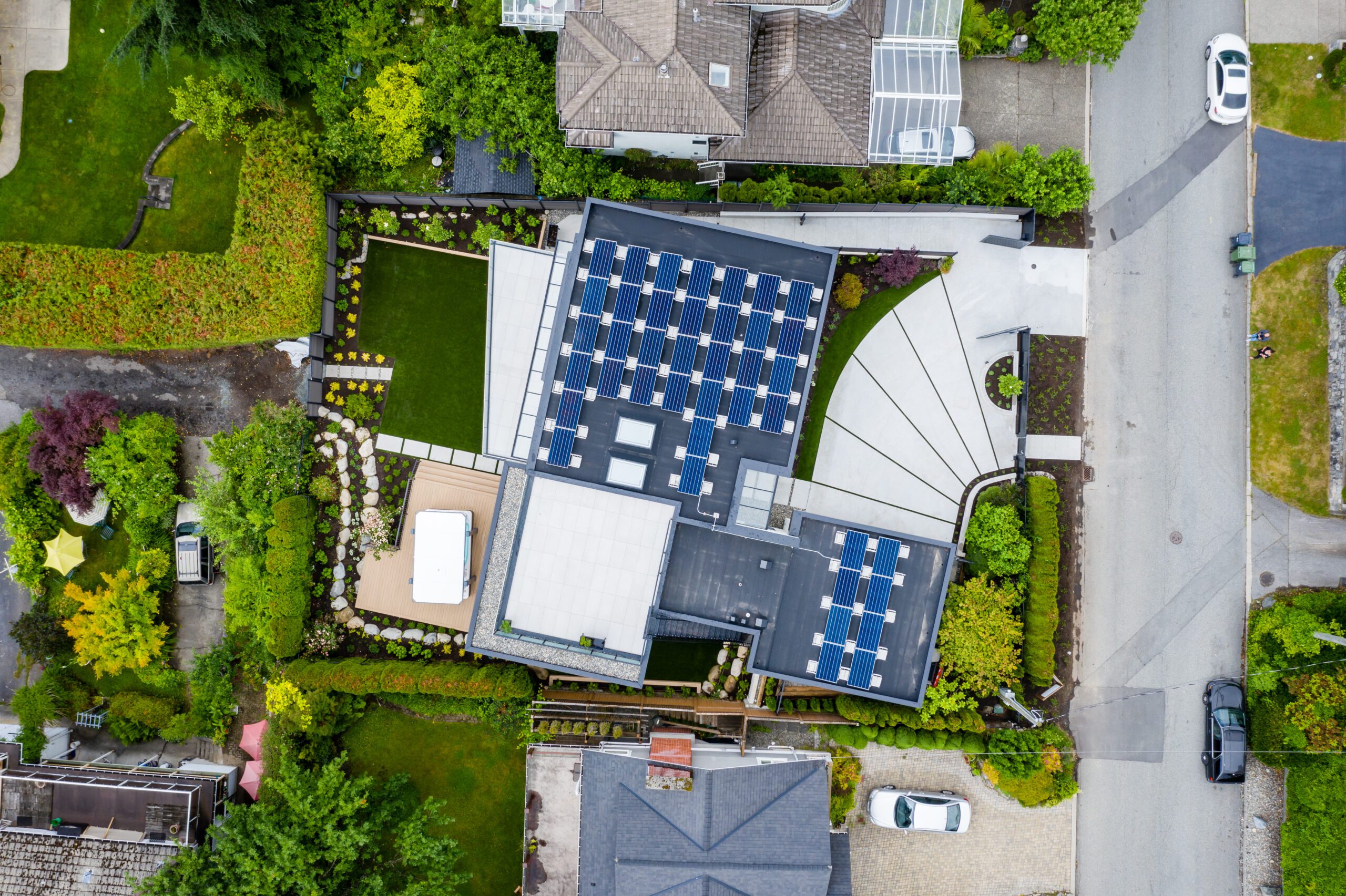 Aerial view of Linda Vista Net Zero home with rooftop solar panels