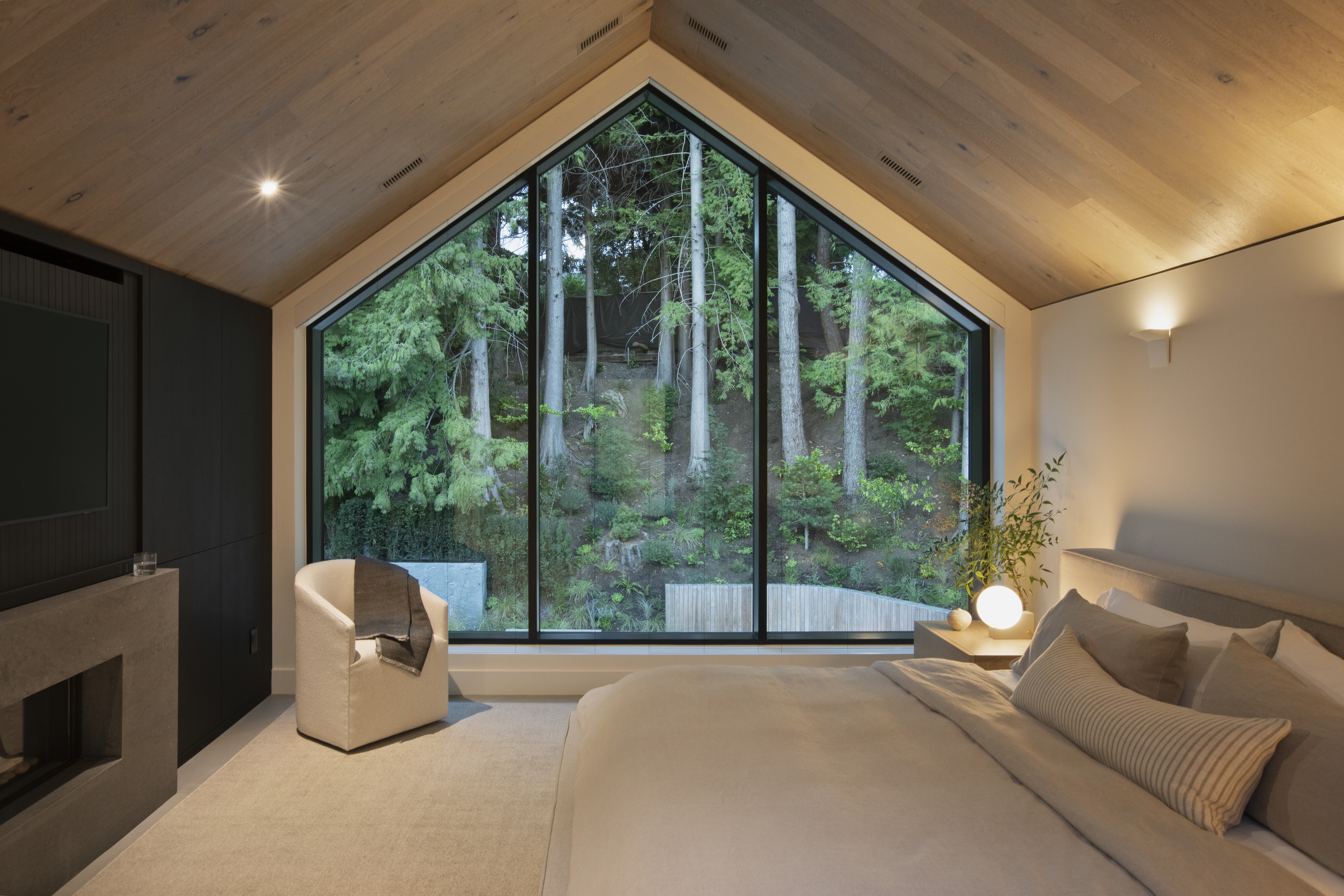 Primary bedroom at Japandia custom home in Edgemont, North Vancouver