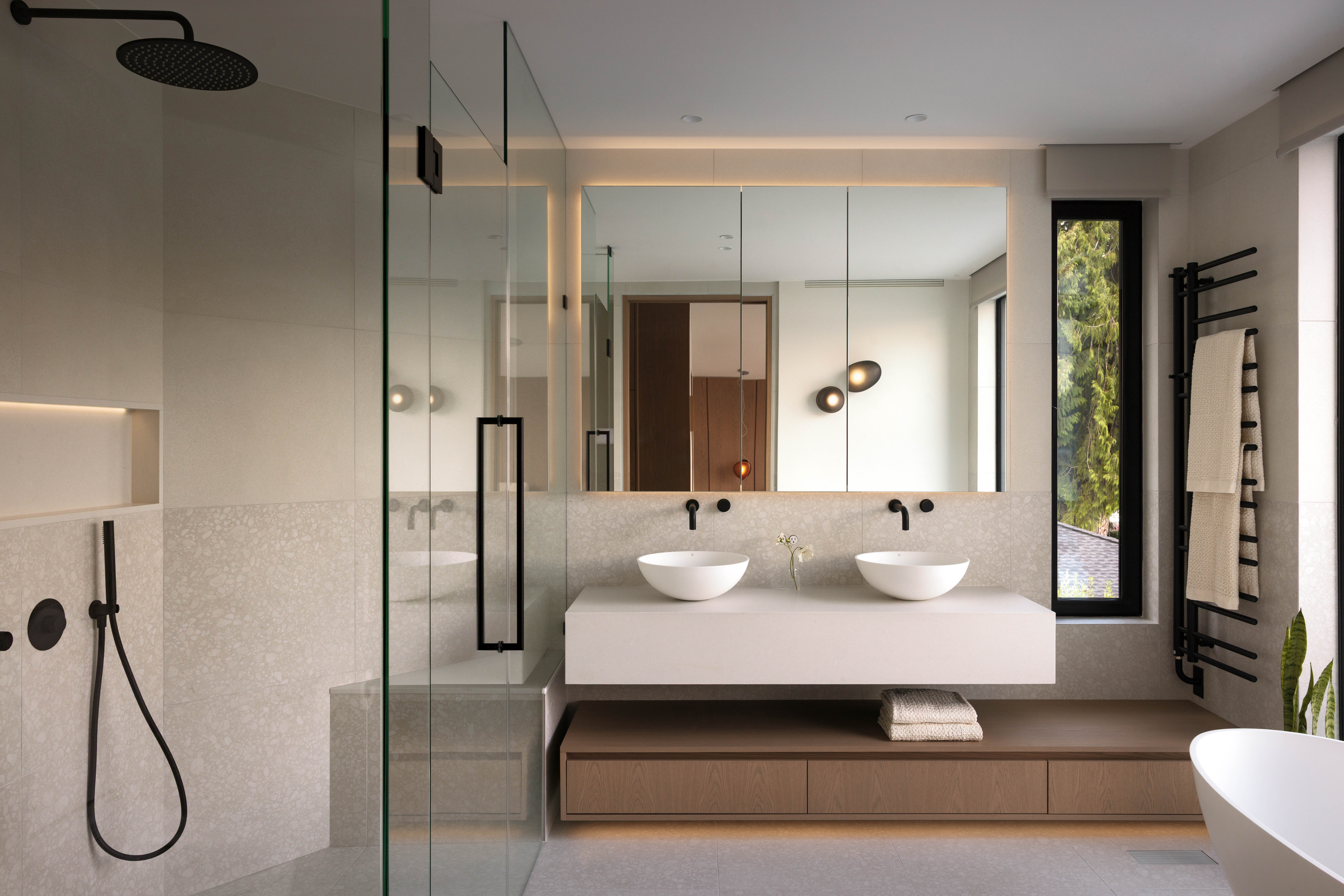 Fala custom primary ensuite with double vanity and walk-in shower