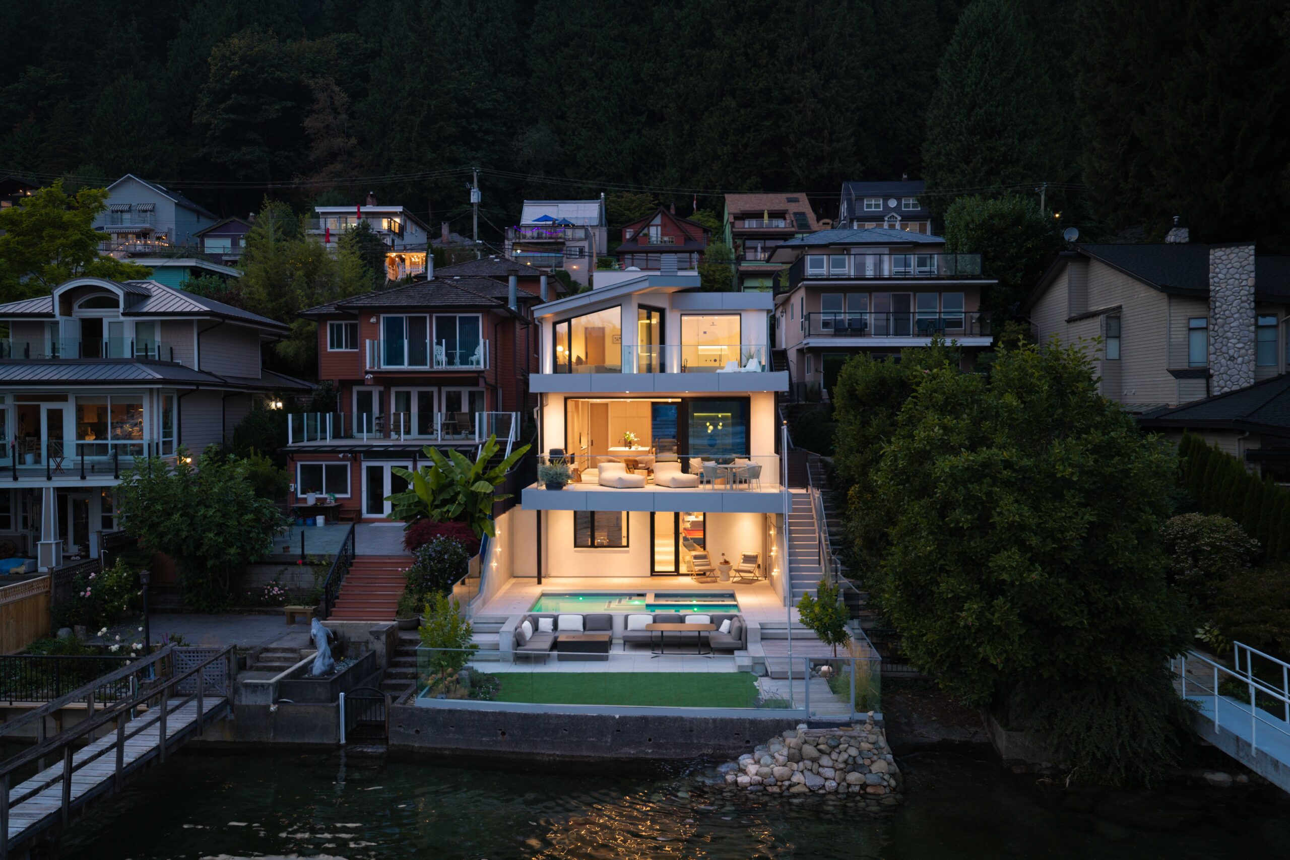 Completed Fala custom waterfront home built on a steep lot in Deep Cove, North Vancouver.